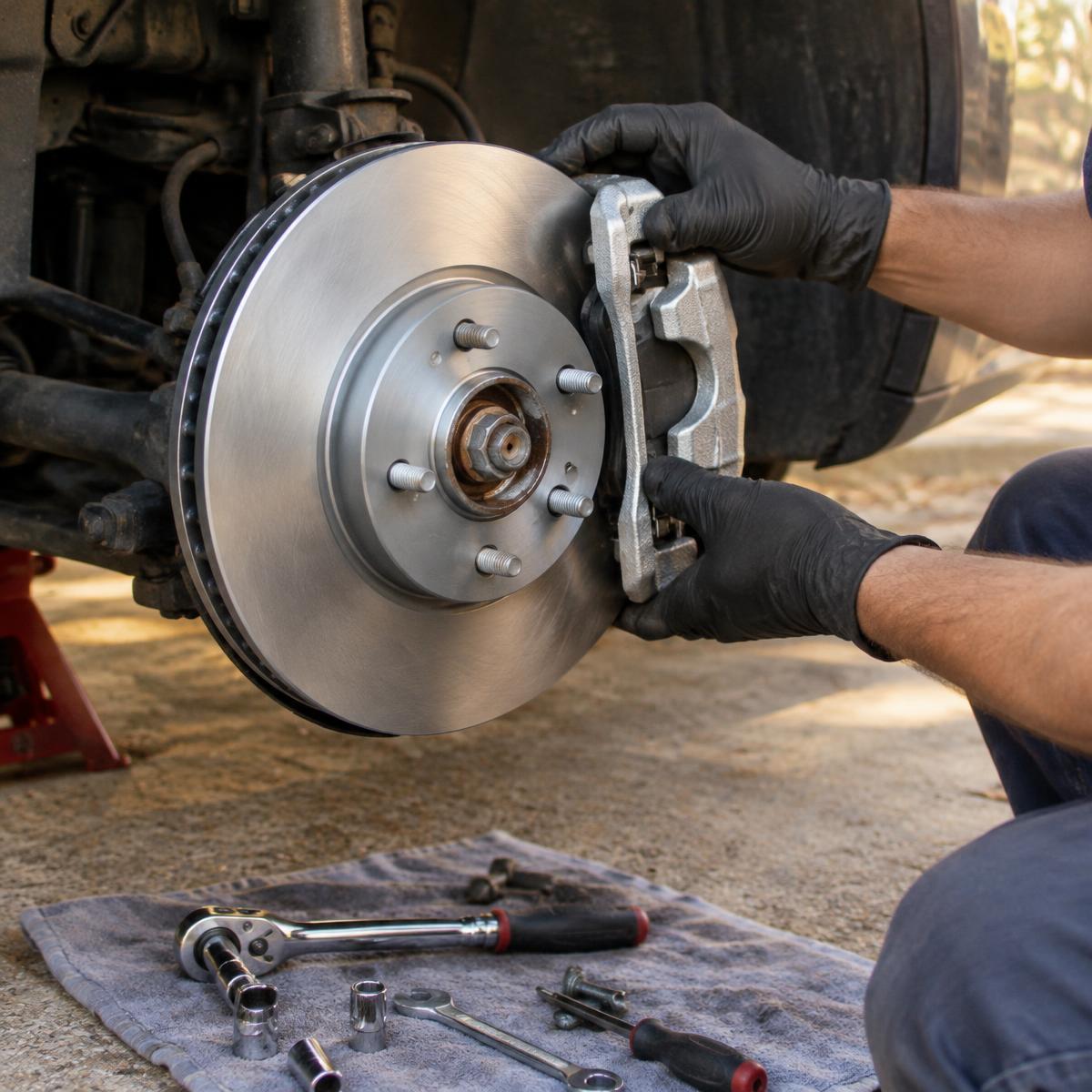 New brake rotor and caliper being installed